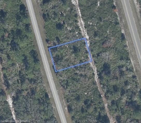 An aerial view shows a rectangular plot of land outlined in blue near a road — 6020 VIRTUDES STREET, SEBRING, FL
