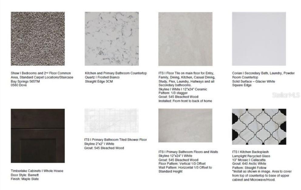 This image displays a grid of material samples for home interior finishes and cabinetry — 5380 SPOONFLOWER COURT, ST CLOUD, FL
