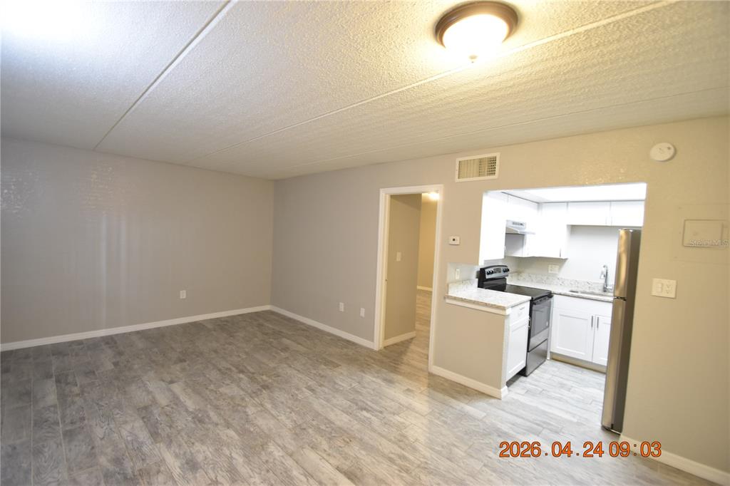 An open living area with gray wood-look flooring leads into a small kitchen — 306 DANUBE AVENUE UNIT 2, TAMPA, FL