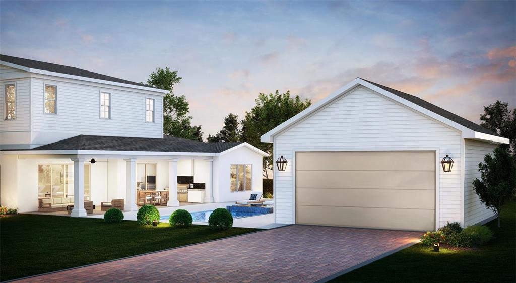 This architectural rendering shows a two-story white house with a pool and detached garage — 1 W ROSEVEAR STREET, ORLANDO, FL