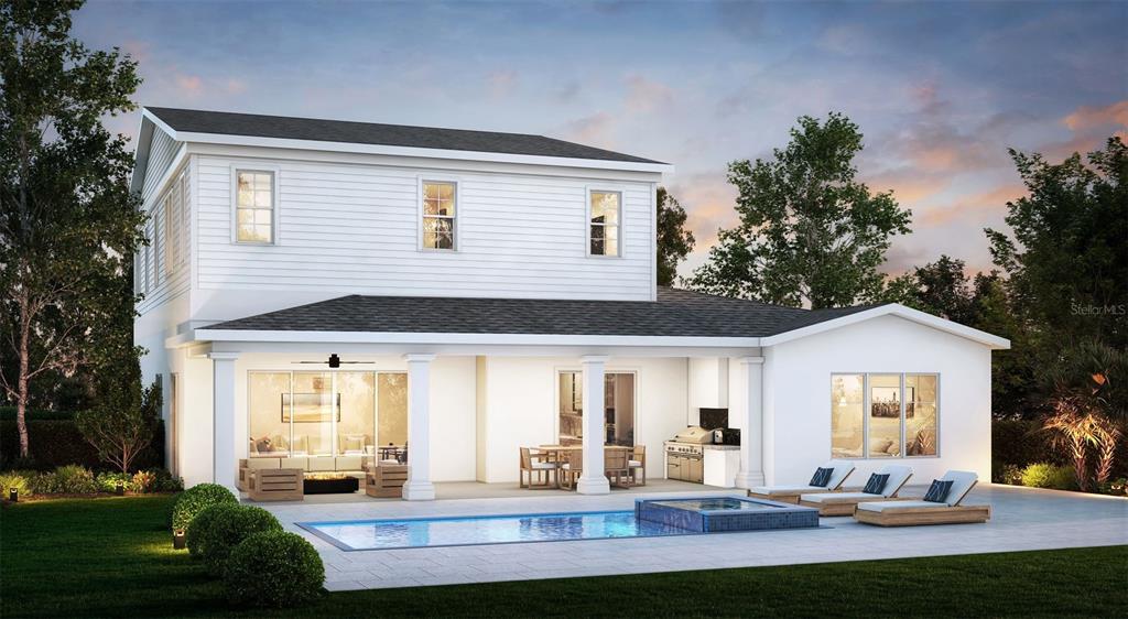 This is a rendering of a two-story house exterior featuring a covered patio and pool — 1 W ROSEVEAR STREET, ORLANDO, FL