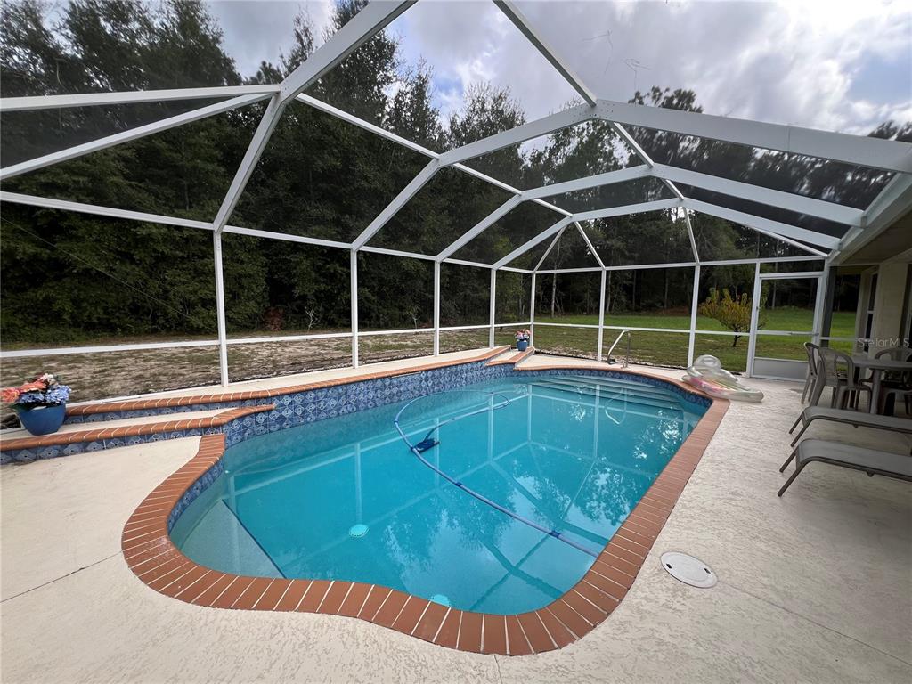A screened-in swimming pool with a brick border and a patio area — 9998 N LANGDON ROAD, CITRUS SPRINGS, FL
