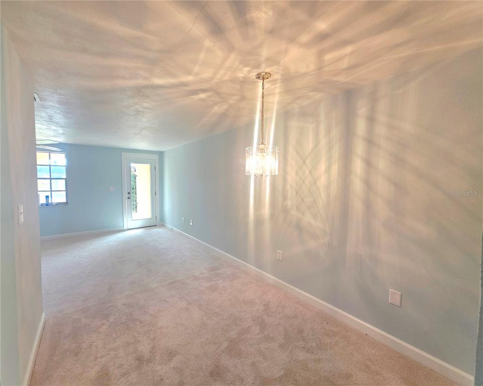A carpeted room features light blue walls, a glass pendant light, and a glass door — 4461 RUSTIC DRIVE, NEW PORT RICHEY, FL