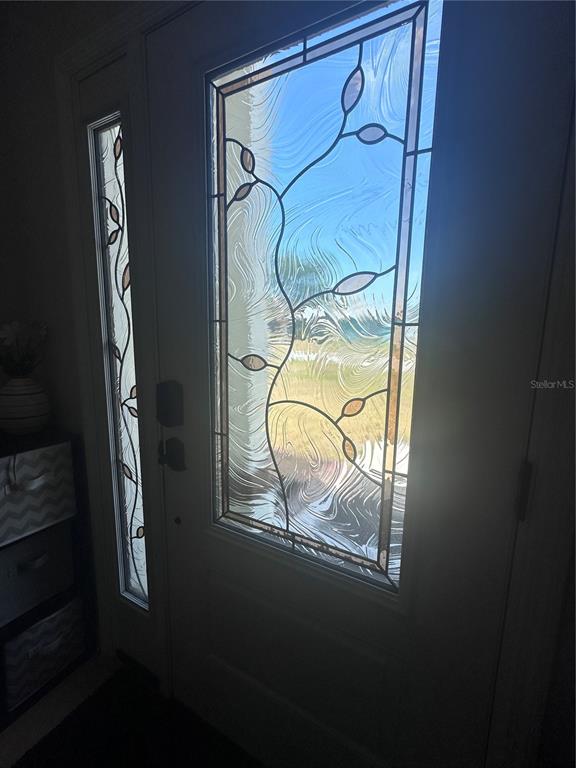 A white front door features decorative glass panels with a swirling pattern and metal caming — 10632 LAKE VISTA DRIVE, SEMINOLE, FL