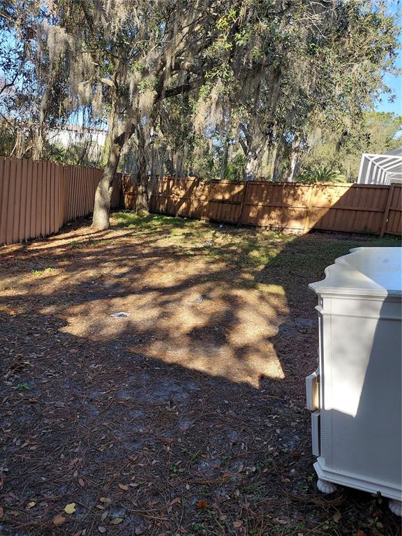 A backyard with a wooden fence, large trees with Spanish moss, and a white dresser — 18124 ANTIETAM COURT, TAMPA, FL