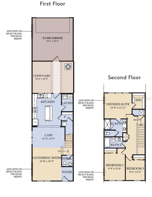 This is a two-story floor plan showing a garage, courtyard, kitchen, and three bedrooms — 6355 ARGENT WOOD DRIVE, WINTER GARDEN, FL