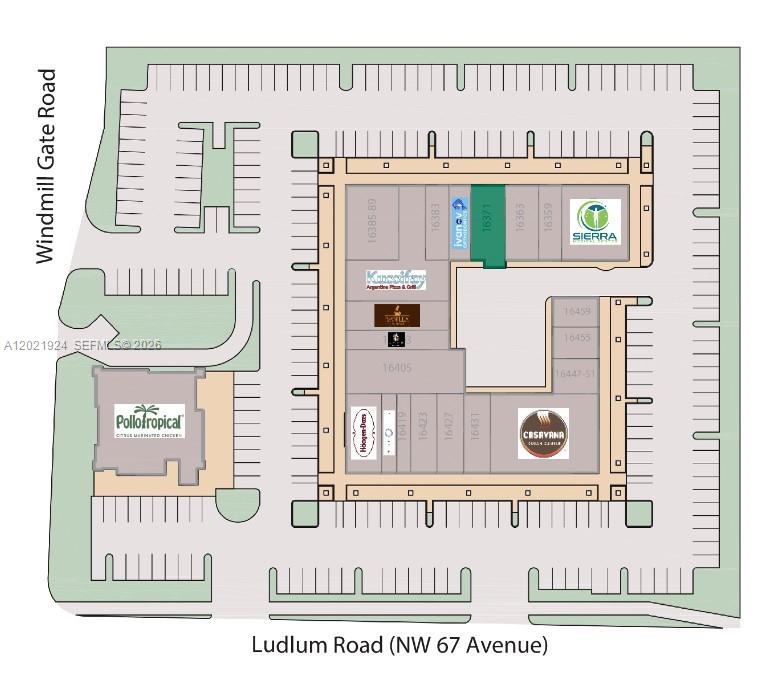 This is a site plan rendering of a retail shopping center with surrounding parking lots — MIAMI LAKES, FL