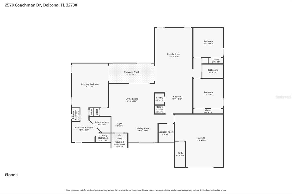This is a floor plan for a single-story house with a garage and screened porch — 2570 COACHMAN DRIVE, DELTONA, FL