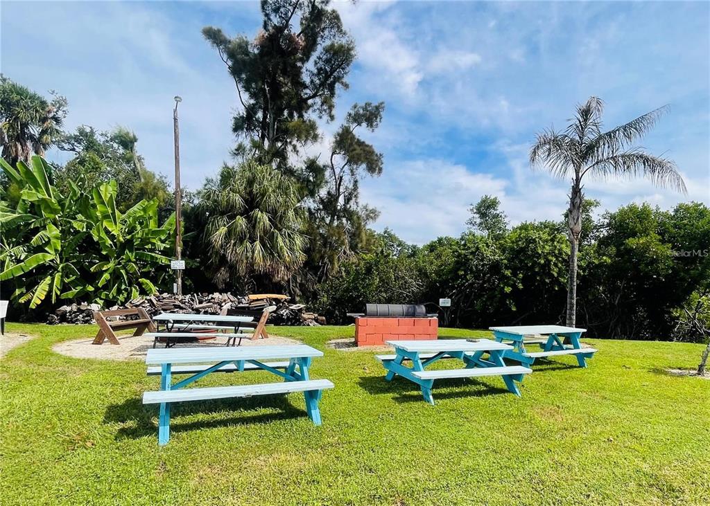 A grassy outdoor area features several blue picnic tables and a brick charcoal grill — 21 ILLINOIS STREET, PALMETTO, FL