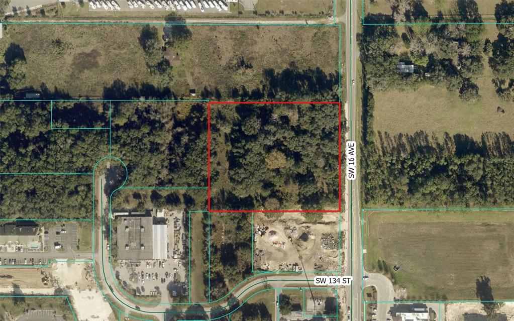 An aerial map view shows a rectangular, wooded plot of land bordered by a road — 13350 SW 16TH AVENUE, OCALA, FL