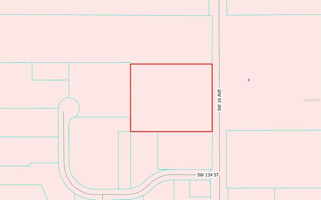 This is a map showing a property lot outlined in red near a street intersection — 13350 SW 16TH AVENUE, OCALA, FL