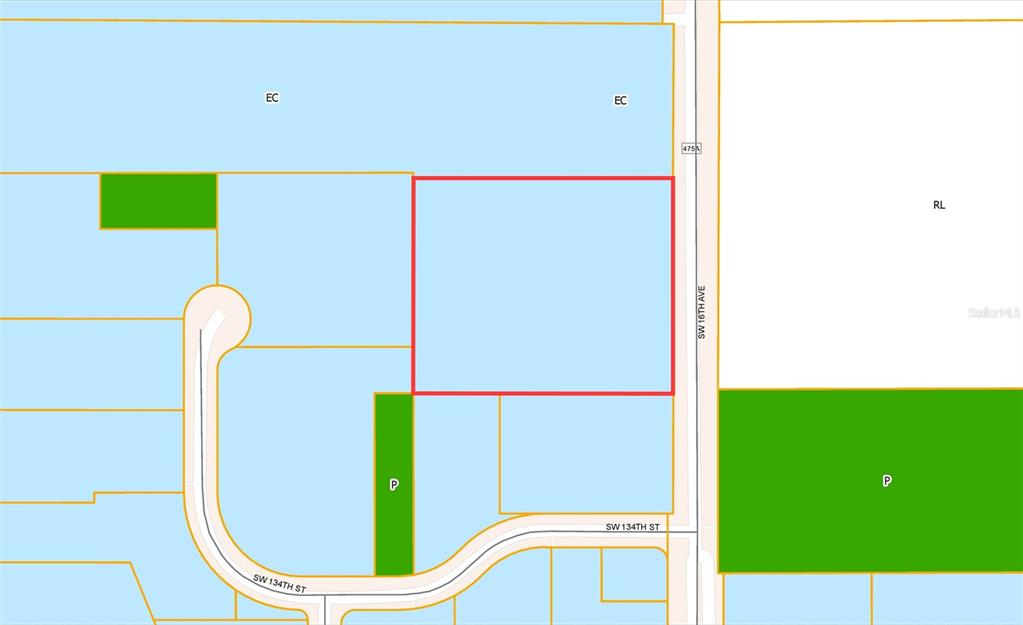 This is a map showing a rectangular parcel of land outlined in red — 13350 SW 16TH AVENUE, OCALA, FL