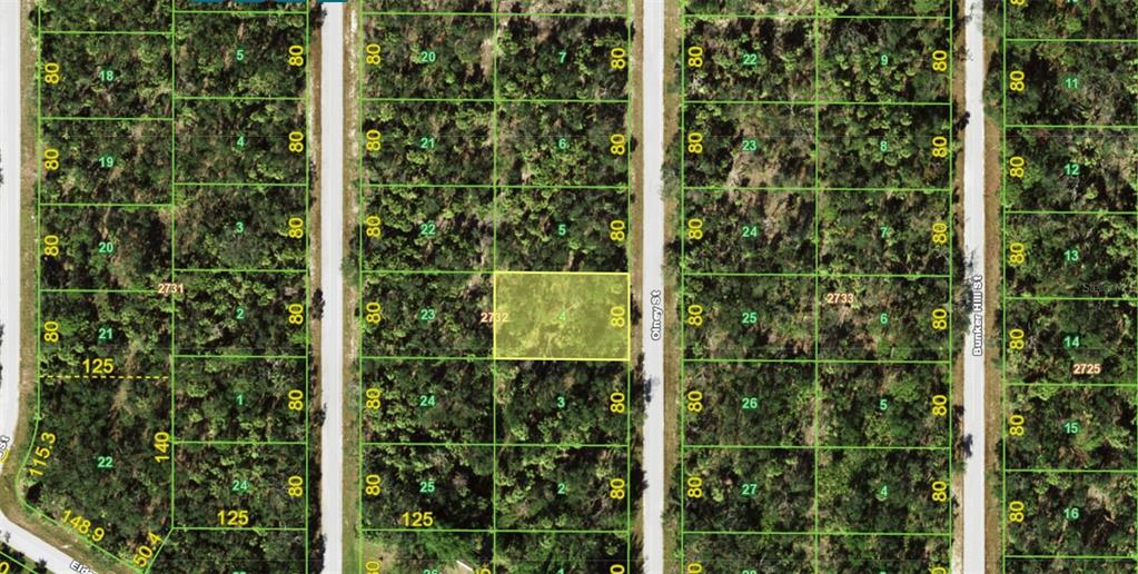 This is a satellite map showing a highlighted rectangular plot of land among wooded lots — 3143 OLNEY STREET, PORT CHARLOTTE, FL