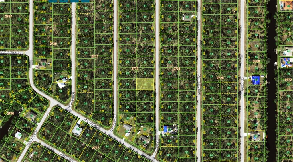 This is a map showing a vacant lot highlighted in yellow within a residential neighborhood — 3143 OLNEY STREET, PORT CHARLOTTE, FL