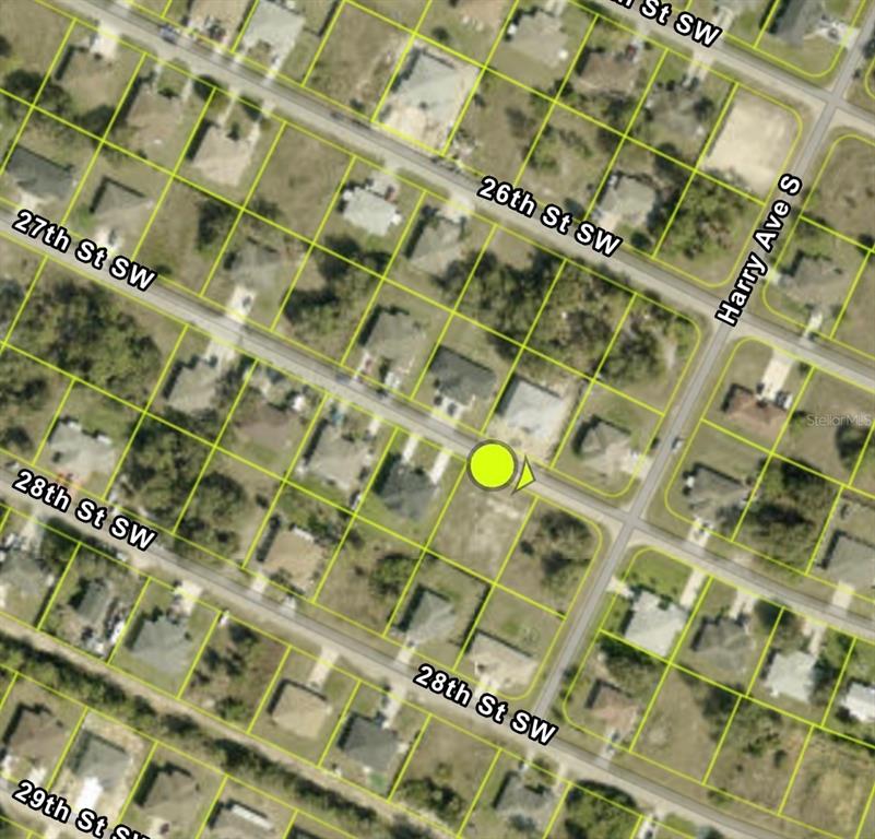 This is an aerial map showing residential lots and streets in a neighborhood — 4505/4507 27TH STREET SW, LEHIGH ACRES, FL
