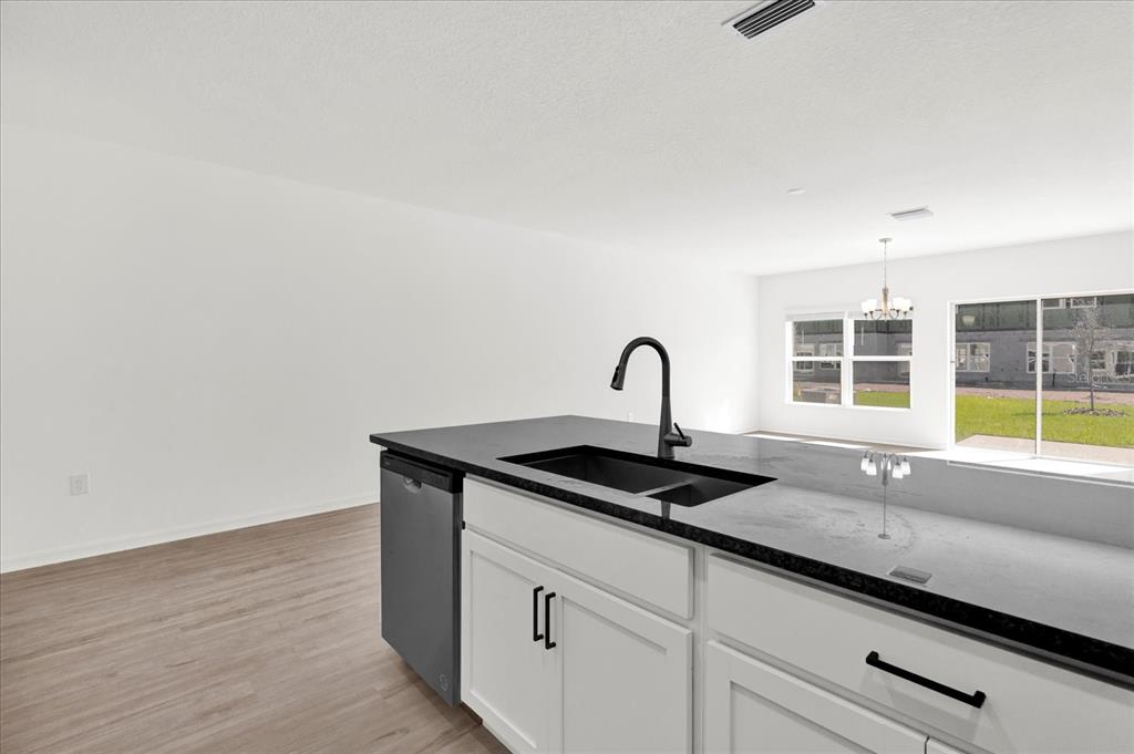 A kitchen island with a black countertop and sink sits in a room with white walls — 367 SEQUOIA DRIVE, LAKE WALES, FL