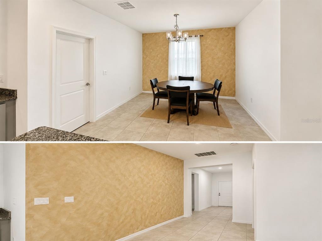 This dining area features a textured gold accent wall, tile flooring, and a round table — 1051 PATRIOT LOOP, HAINES CITY, FL