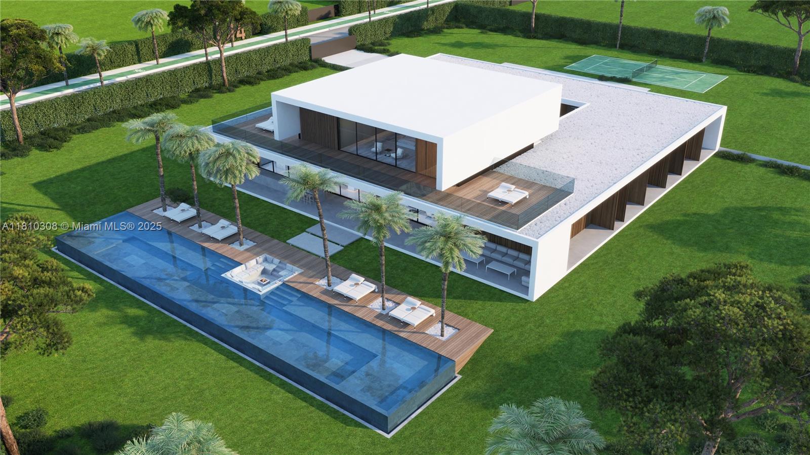 This is a digital rendering of a modern two-story house with a pool and tennis court — 4710 Akai Dr, Southwest Ranches FL 33332, SOUTHWEST RANCHES, FL
