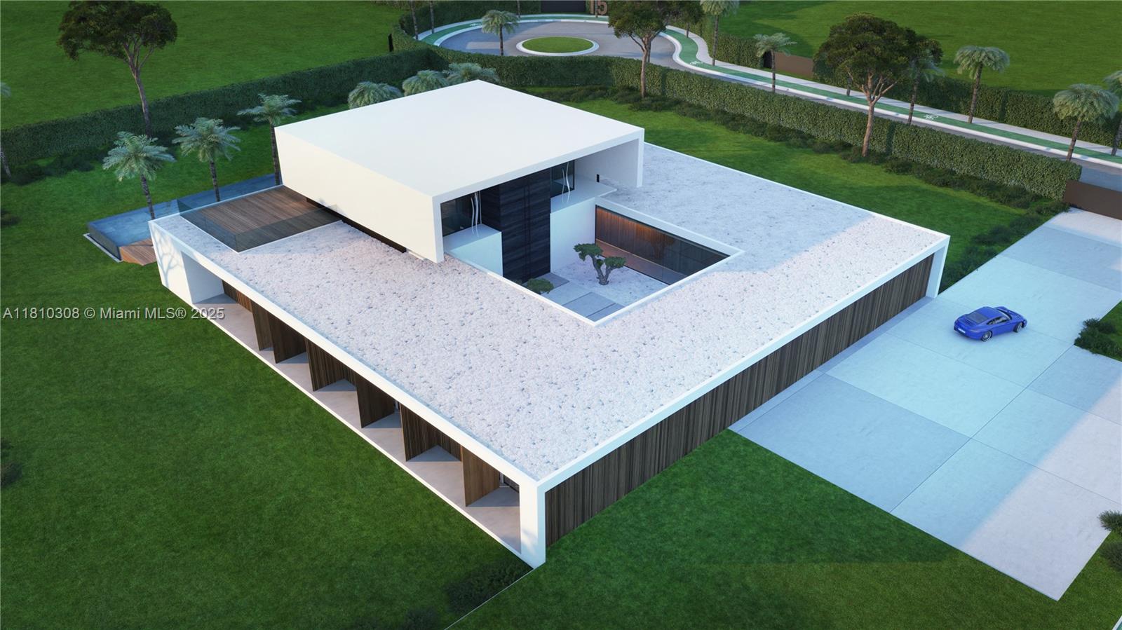 This is a digital rendering of a modern, flat-roofed house with a central courtyard — 4710 Akai Dr, Southwest Ranches FL 33332, SOUTHWEST RANCHES, FL