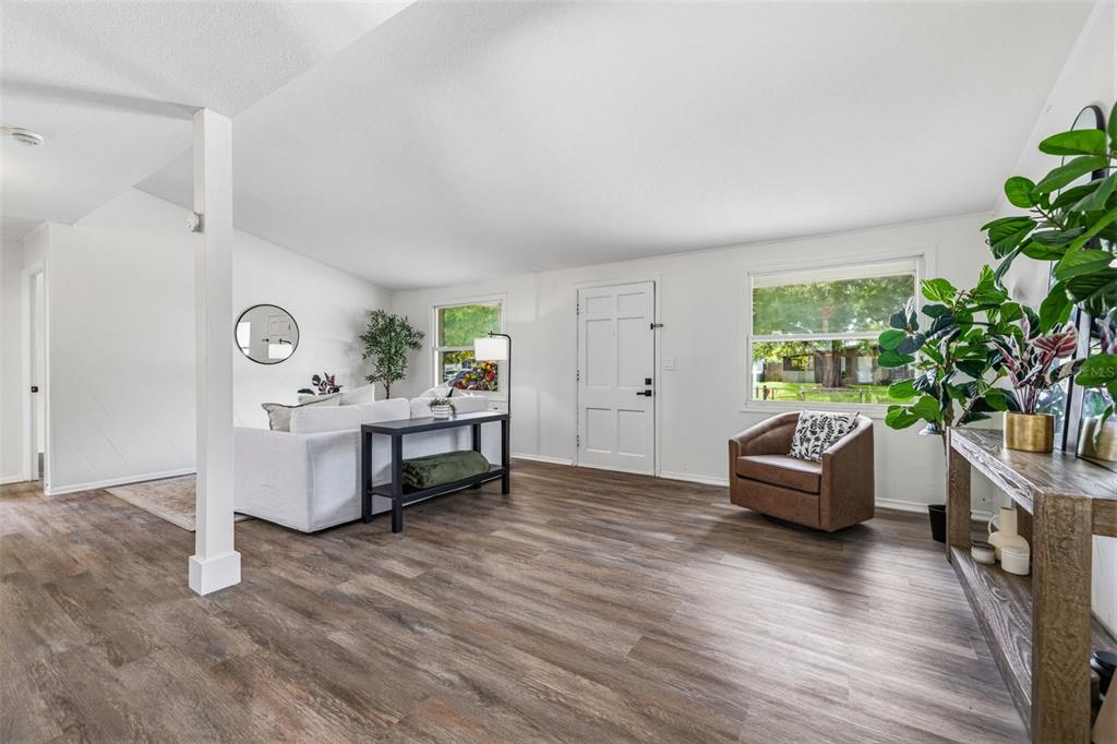 A living room features white walls, wood-look flooring, a white sofa, and a brown armchair — 10408 VENTURA AVENUE, TAMPA, FL