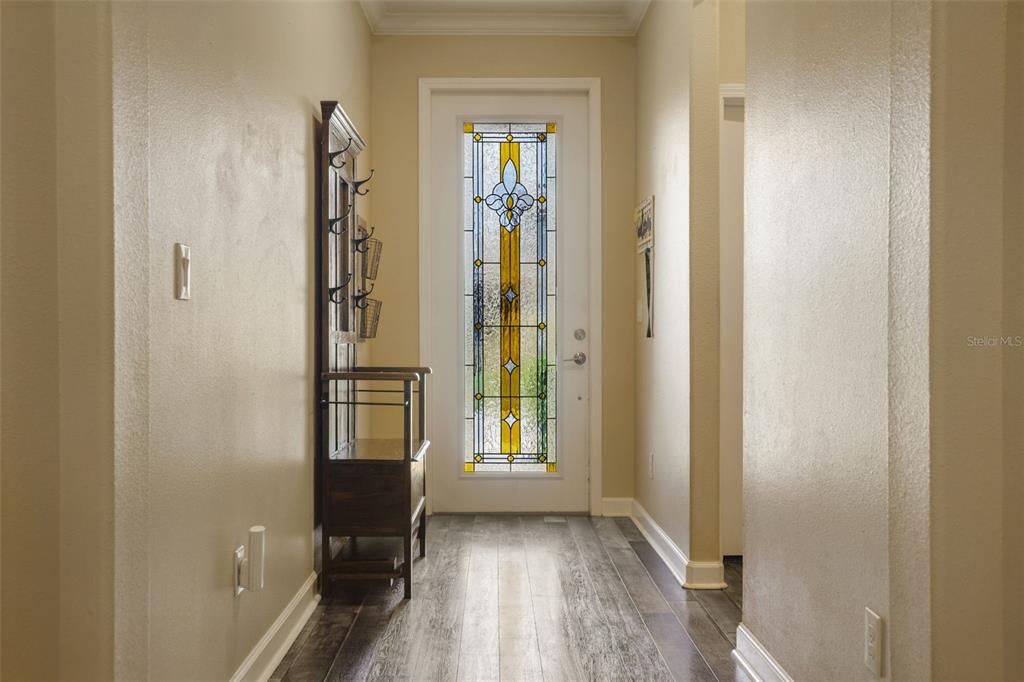 A hallway features wood-look flooring, beige walls, and a white door with stained glass inserts — 21922 CREST MEADOW DRIVE, LAND O LAKES, FL