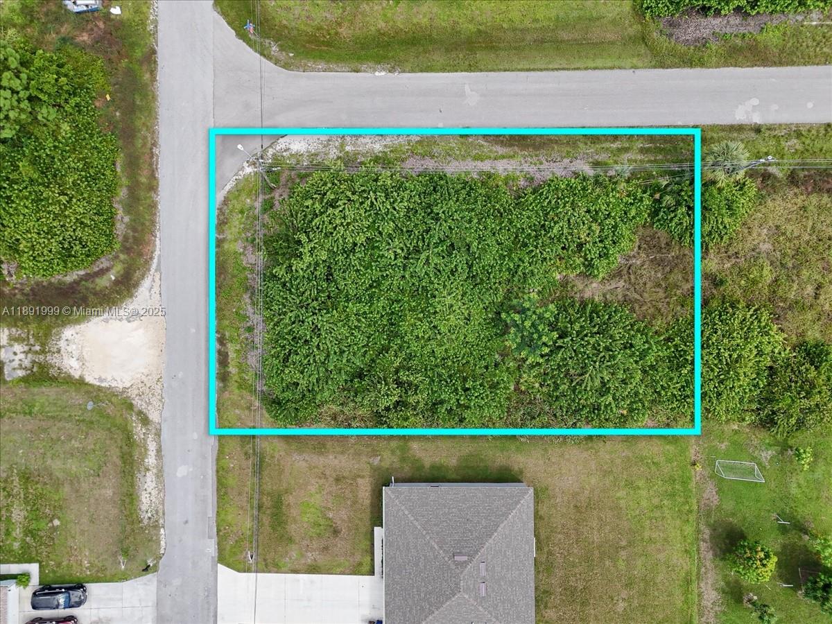 An aerial view shows a rectangular, tree-covered vacant lot outlined in blue — 4201 15 ST SW, Lehigh Acres FL 33976, LEHIGH ACRES, FL