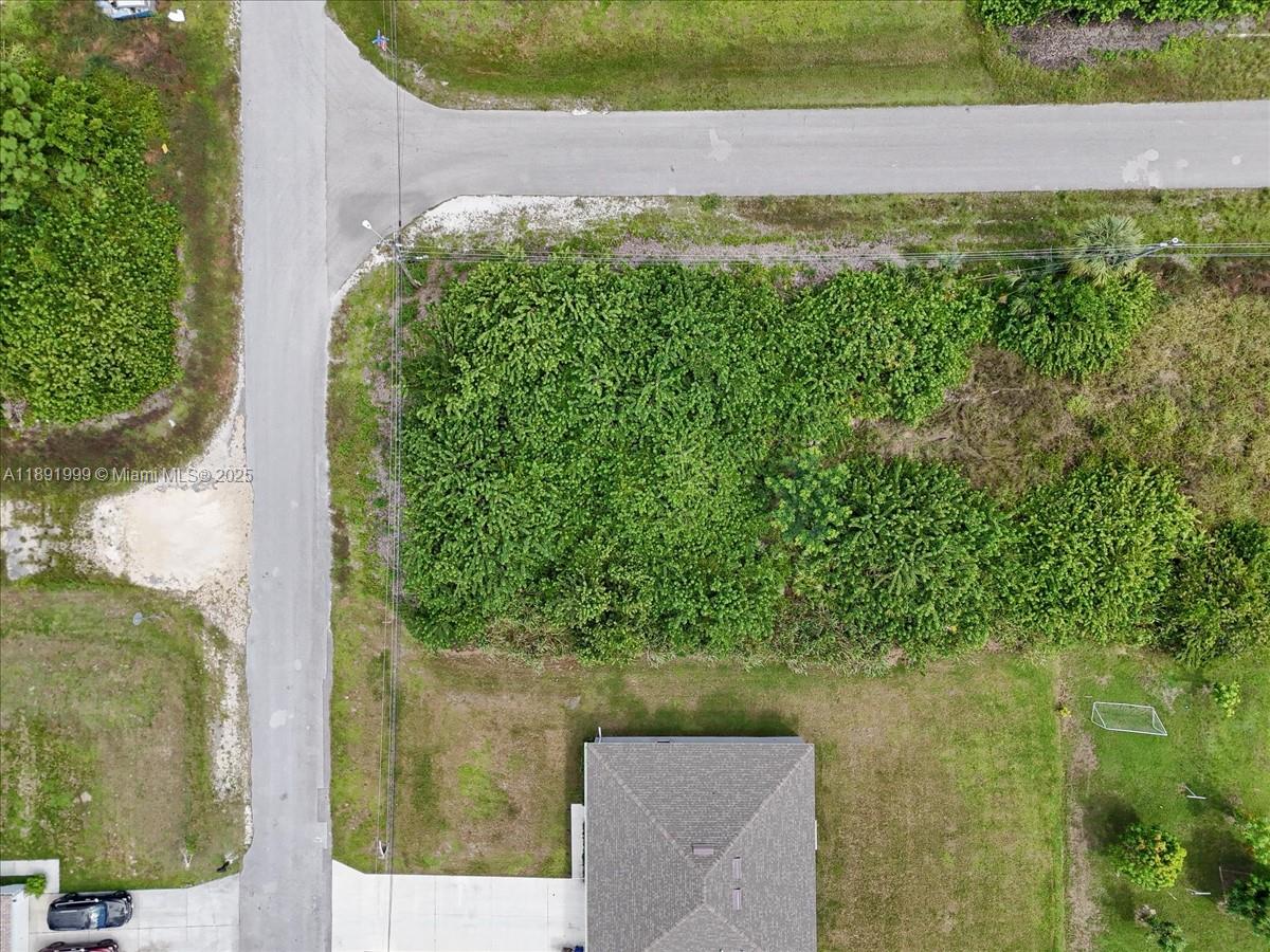 An aerial view shows a vacant, tree-covered lot adjacent to a paved road and house — 4201 15 ST SW, Lehigh Acres FL 33976, LEHIGH ACRES, FL