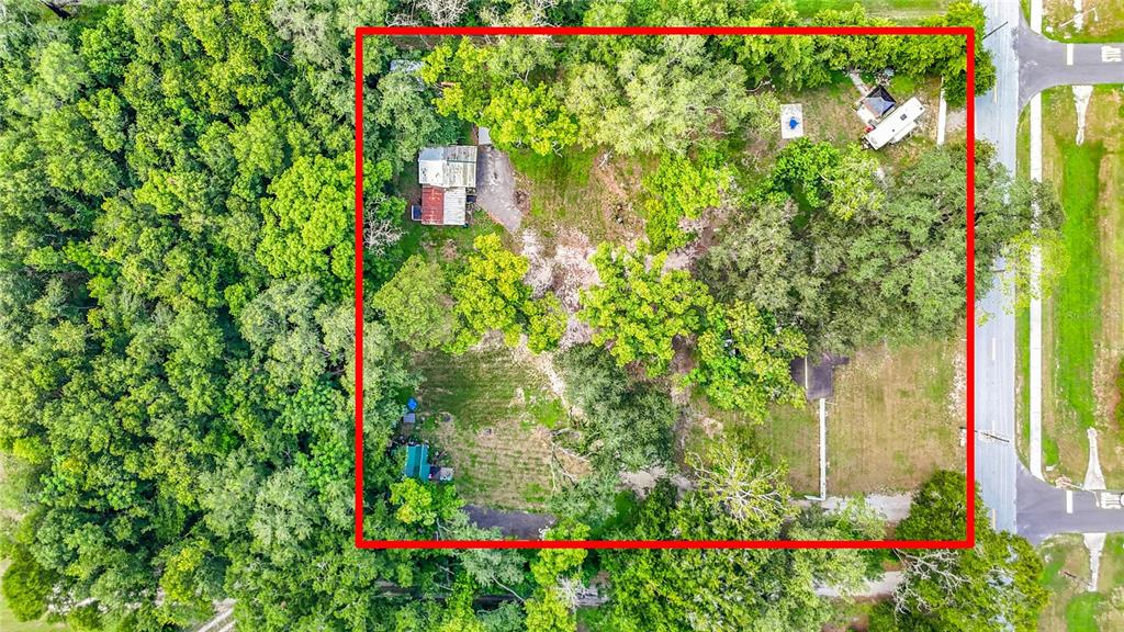 This aerial view shows a wooded lot with several small structures and a driveway — 6708 16TH STREET, ZEPHYRHILLS, FL