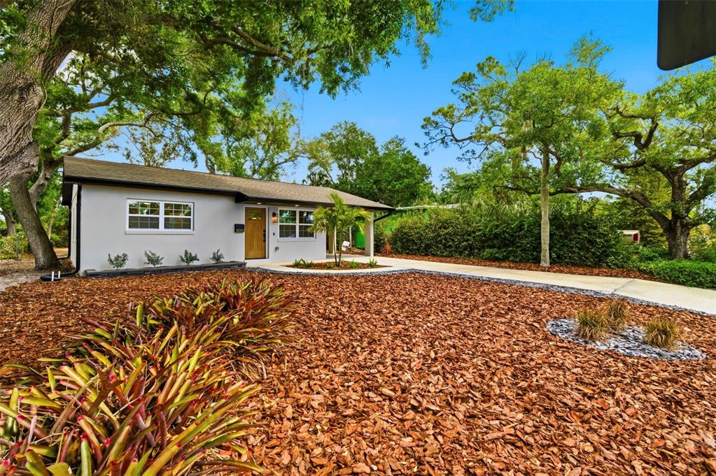 A single-story house with a light gray exterior, a wooden door, and a mulched yard — 8051 26TH AVENUE N, ST PETERSBURG, FL