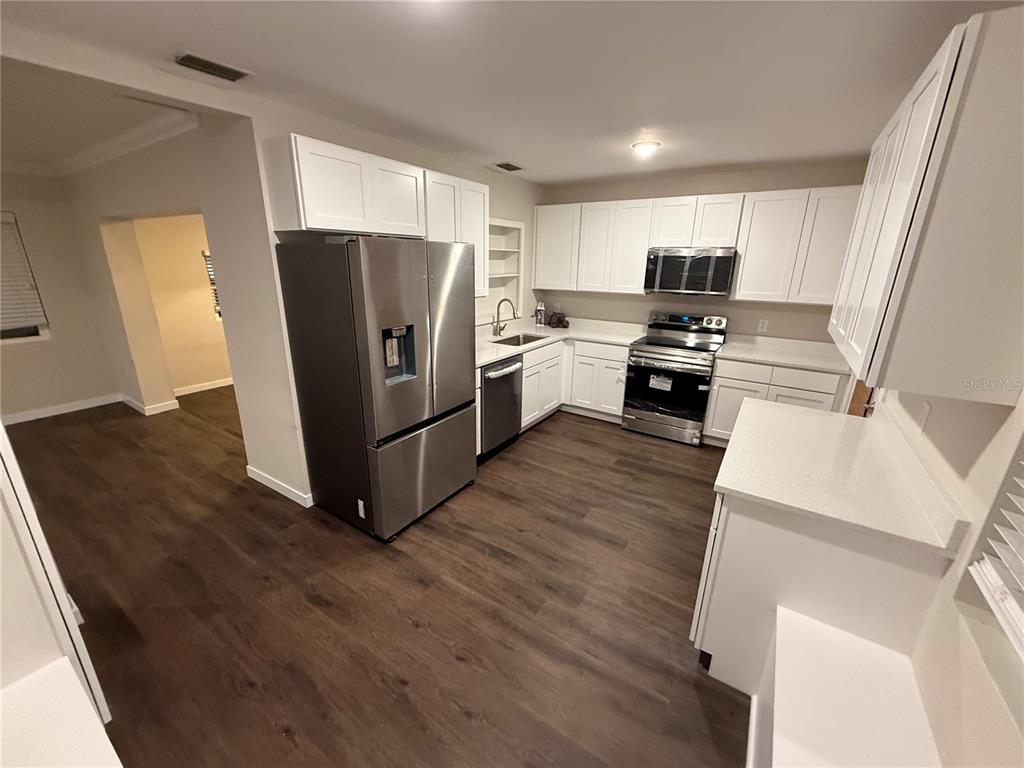 A kitchen features white cabinets, stainless steel appliances, and dark wood-look flooring — 6215 S KELLY ROAD, TAMPA, FL