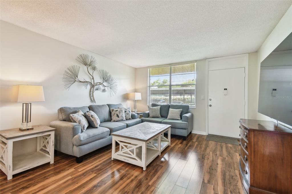 A living room features gray sofas, a white coffee table, and wood-look flooring — 5095 BAY STREET NE UNIT 103, ST PETERSBURG, FL