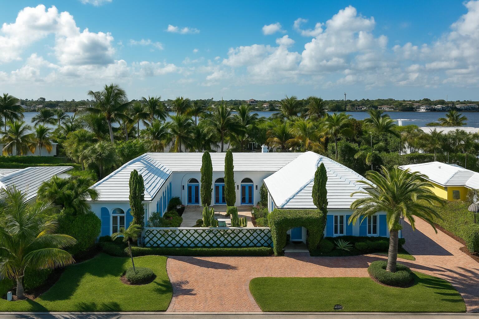 An aerial view of a white house with blue shutters and a brick driveway — 2258 E Ibis Isle Rd Road E, Palm Beach FL 33480, PALM BEACH, FL