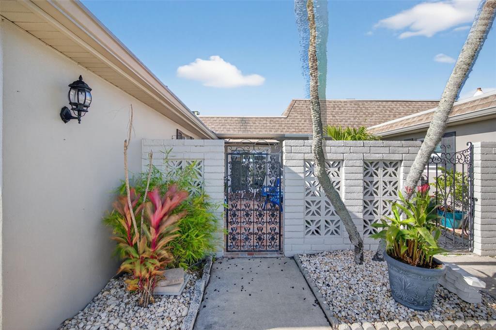 A concrete walkway leads to a decorative metal gate set in a white brick wall — 427 BOCA CIEGA POINT BOULEVARD N, ST PETERSBURG, FL