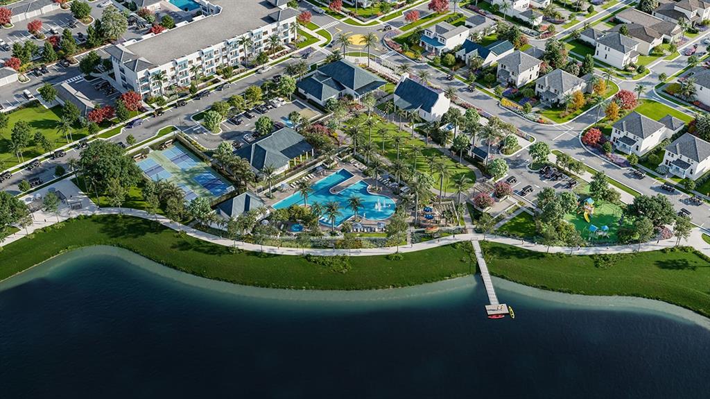 This is a digital rendering of a residential community featuring a pool, tennis courts, and lake — 7808 LAKE FLORES AVENUE, BRADENTON, FL