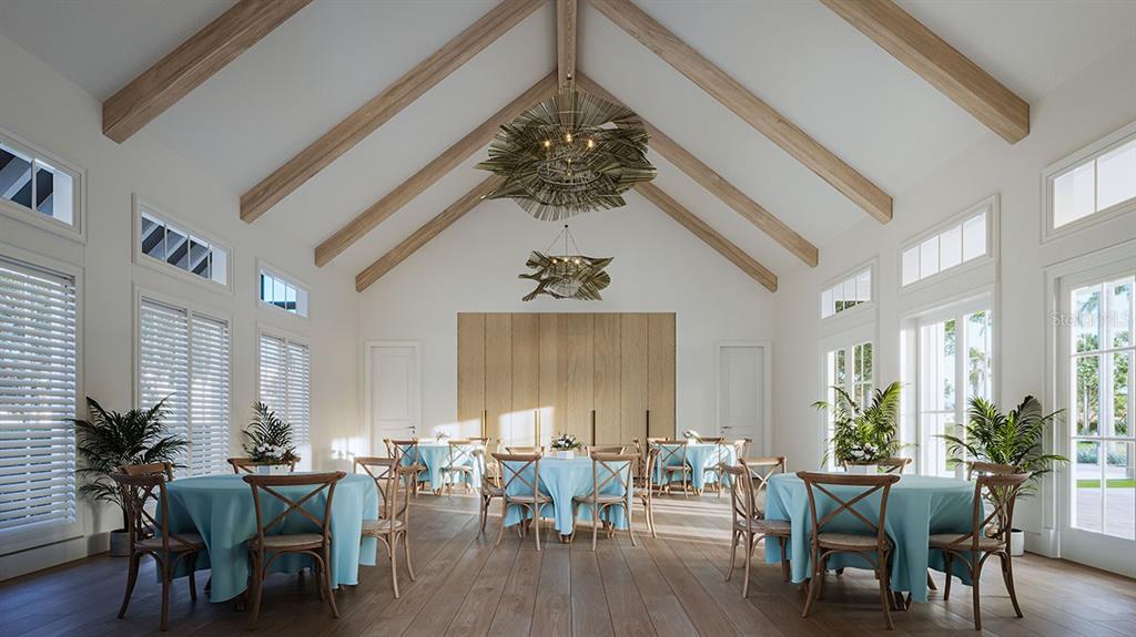 This rendering shows a bright event space with vaulted ceilings, exposed beams, and round tables — 7808 LAKE FLORES AVENUE, BRADENTON, FL