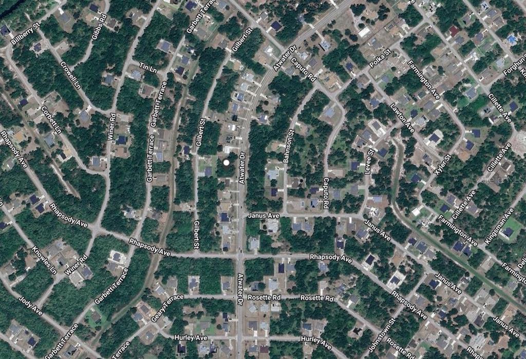 This is an aerial view map of a residential neighborhood with various streets and houses — ATWATER DRIVE, NORTH PORT, FL