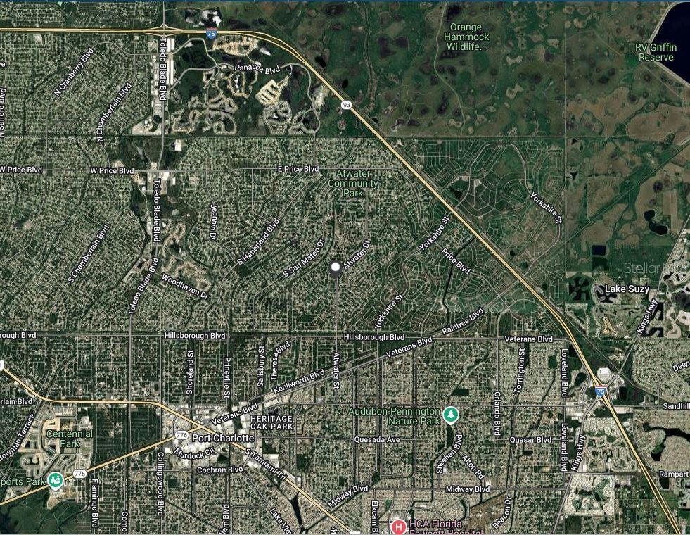 This is an aerial map view of a residential area in Port Charlotte, Florida — ATWATER DRIVE, NORTH PORT, FL