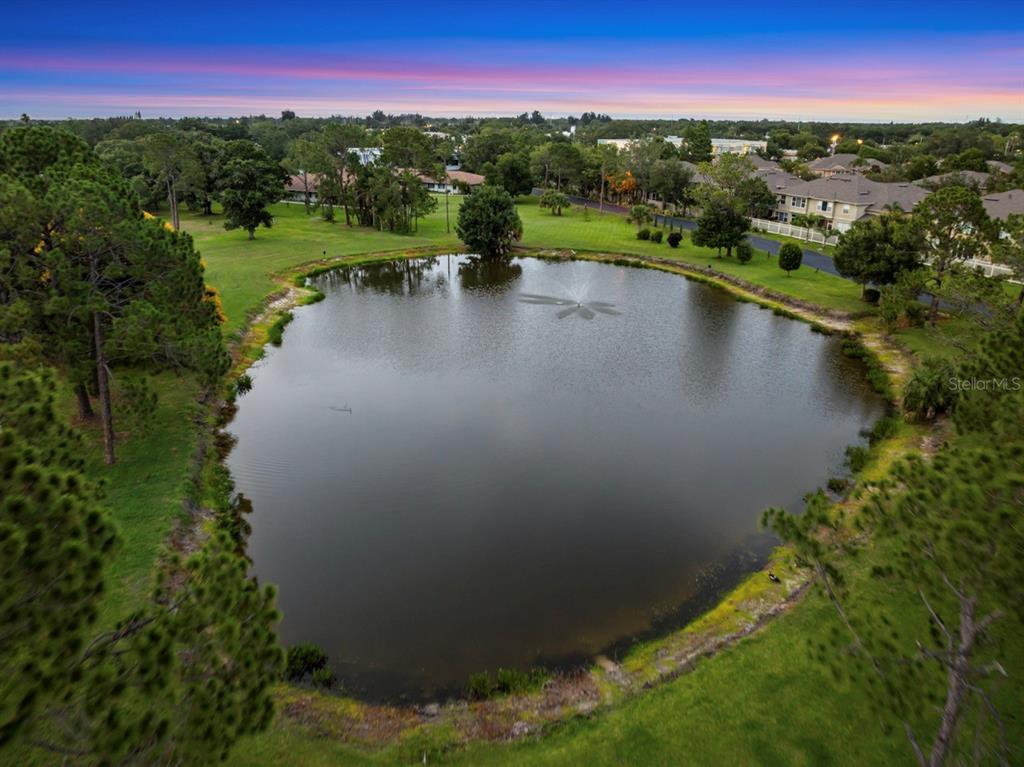 An aerial view shows a pond with a fountain surrounded by grass and trees — 8235 BURGUNDY DRIVE N UNIT 3, PINELLAS PARK, FL