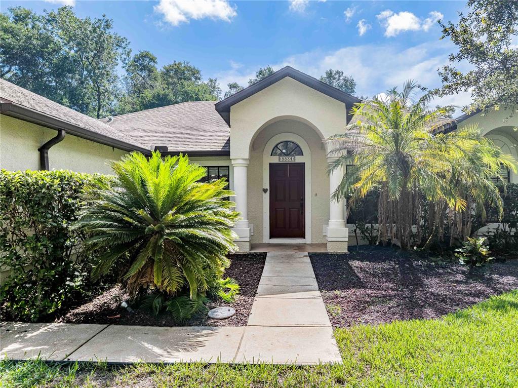 A front view of a house with a covered entryway, a palm tree, and landscaping — 8834 ALAFIA COVE DRIVE, RIVERVIEW, FL