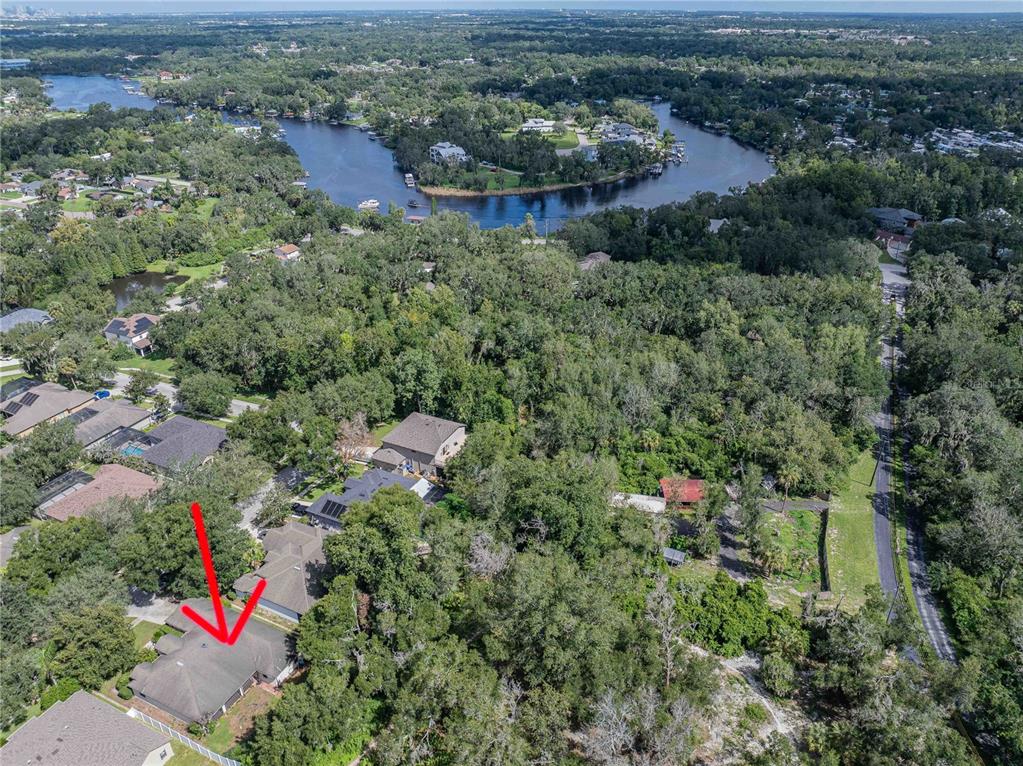 An aerial view shows a residential neighborhood with a red arrow pointing to a house — 8834 ALAFIA COVE DRIVE, RIVERVIEW, FL