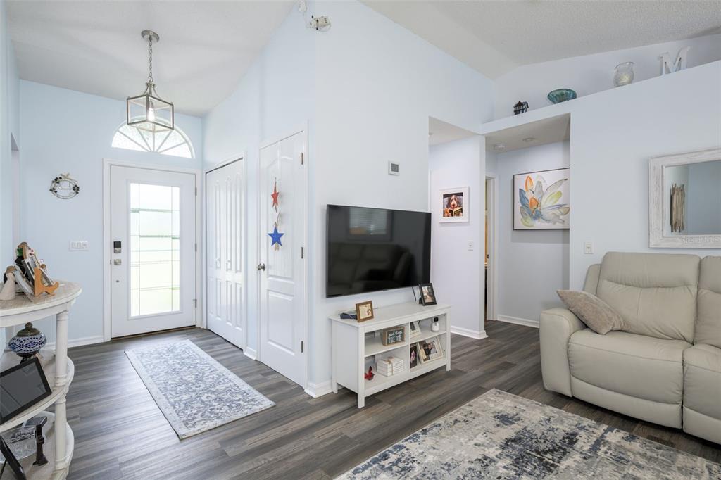 A bright living room features light blue walls, wood-look flooring, a television, and a white sofa — 6 SPIVEYS COURT, ORMOND BEACH, FL
