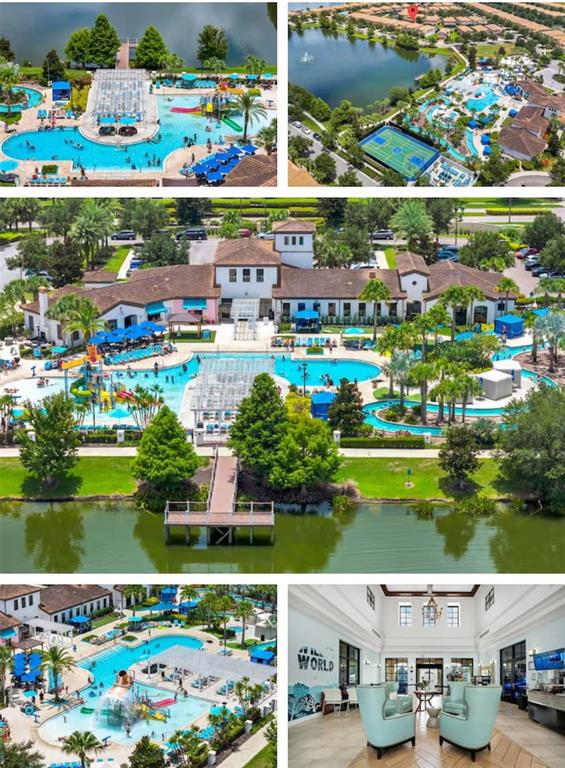 This collage shows aerial views of a resort pool complex and an interior lobby area — 1744 LIMA AVENUE, KISSIMMEE, FL