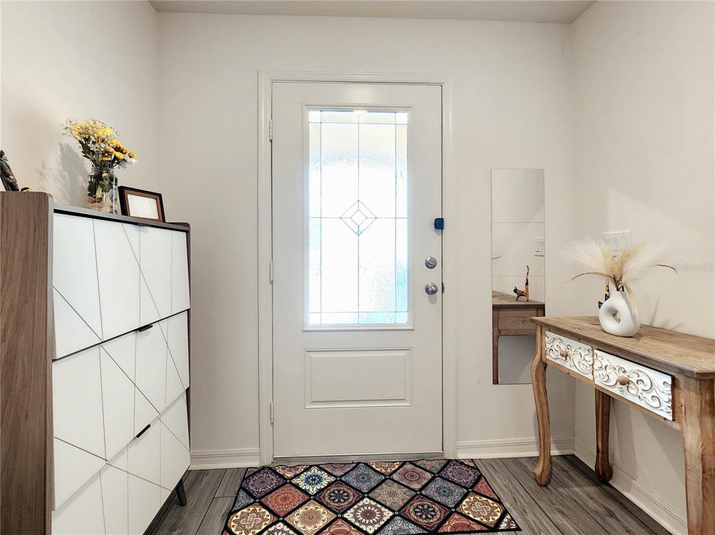 An entryway features a white front door, a patterned rug, a shoe cabinet, and a console — 1679 WYNFORD CIRCLE, TAVARES, FL