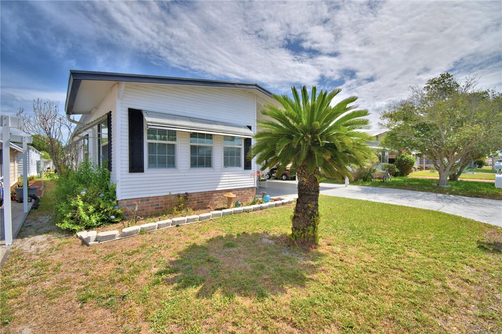 A white mobile home with black shutters and a palm tree in the front yard — 4253 CEDARWOOD STREET, WINTER HAVEN, FL