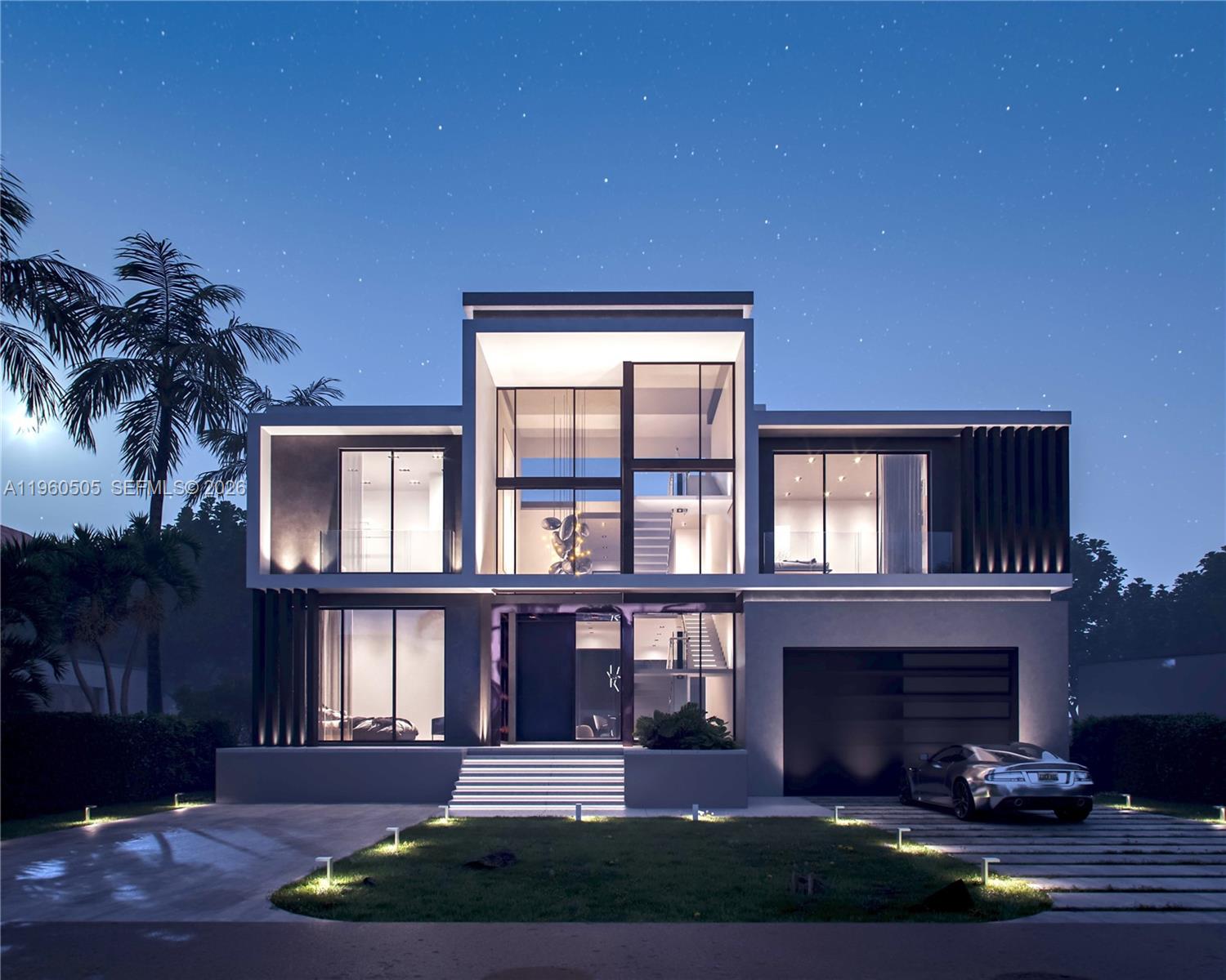 This is a rendering of a modern two-story house with a garage at night — 322 189th St, Sunny Isles Beach FL 33160, SUNNY ISLES BEACH, FL