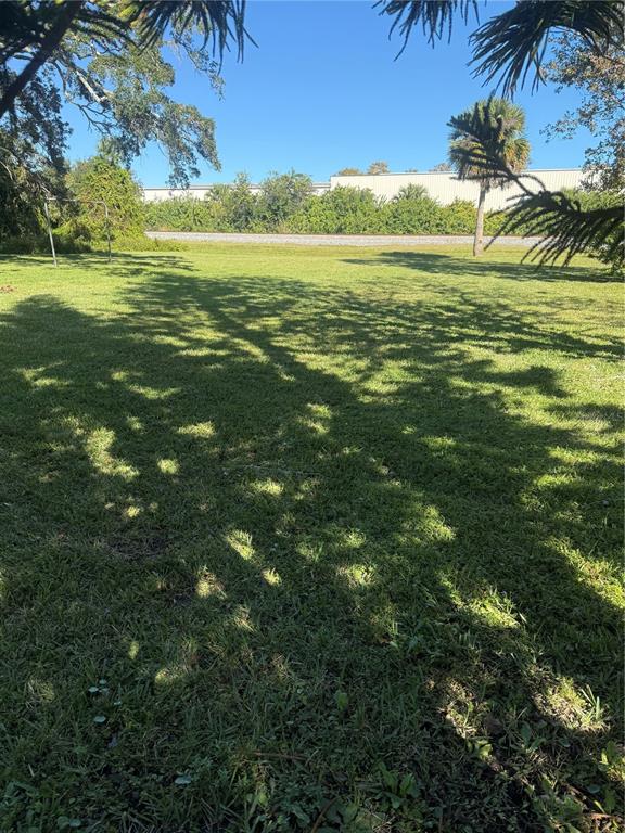 A grassy lot features a soccer goal, scattered trees, and a distant industrial building — 305 ANN STREET, EDGEWATER, FL