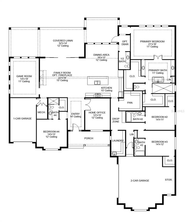 This is a floor plan for a single-story house with four bedrooms and three garages — 3912 BUTTE TRAIL, LAKEWOOD RANCH, FL