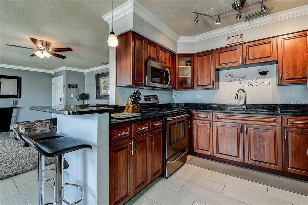 A kitchen features dark wood cabinets, black granite countertops, stainless steel appliances, and tile flooring — 5111 COQUINA KEY DRIVE SE UNIT C, ST PETERSBURG, FL