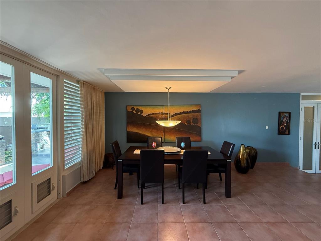 A dining room features a dark wood table, six chairs, and a landscape painting — . TOPACIO STREET UNIT F-22, DORADO, PR