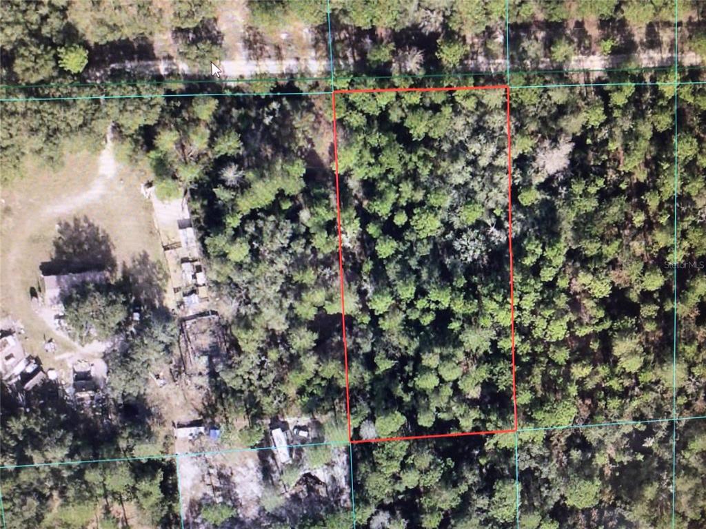 An aerial view shows a rectangular, wooded plot of land outlined in red — 0 SW 158 LANE, DUNNELLON, FL
